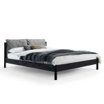 Bett LIV Eiche schwarz gebeizt mit Kernlederschürze und Rückenkissen