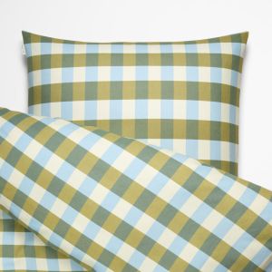 Flanell Bettwäsche aus Bio Baumwolle mit Karomuster von Marc O' Polo. Farbschema: Blau grün & creme.