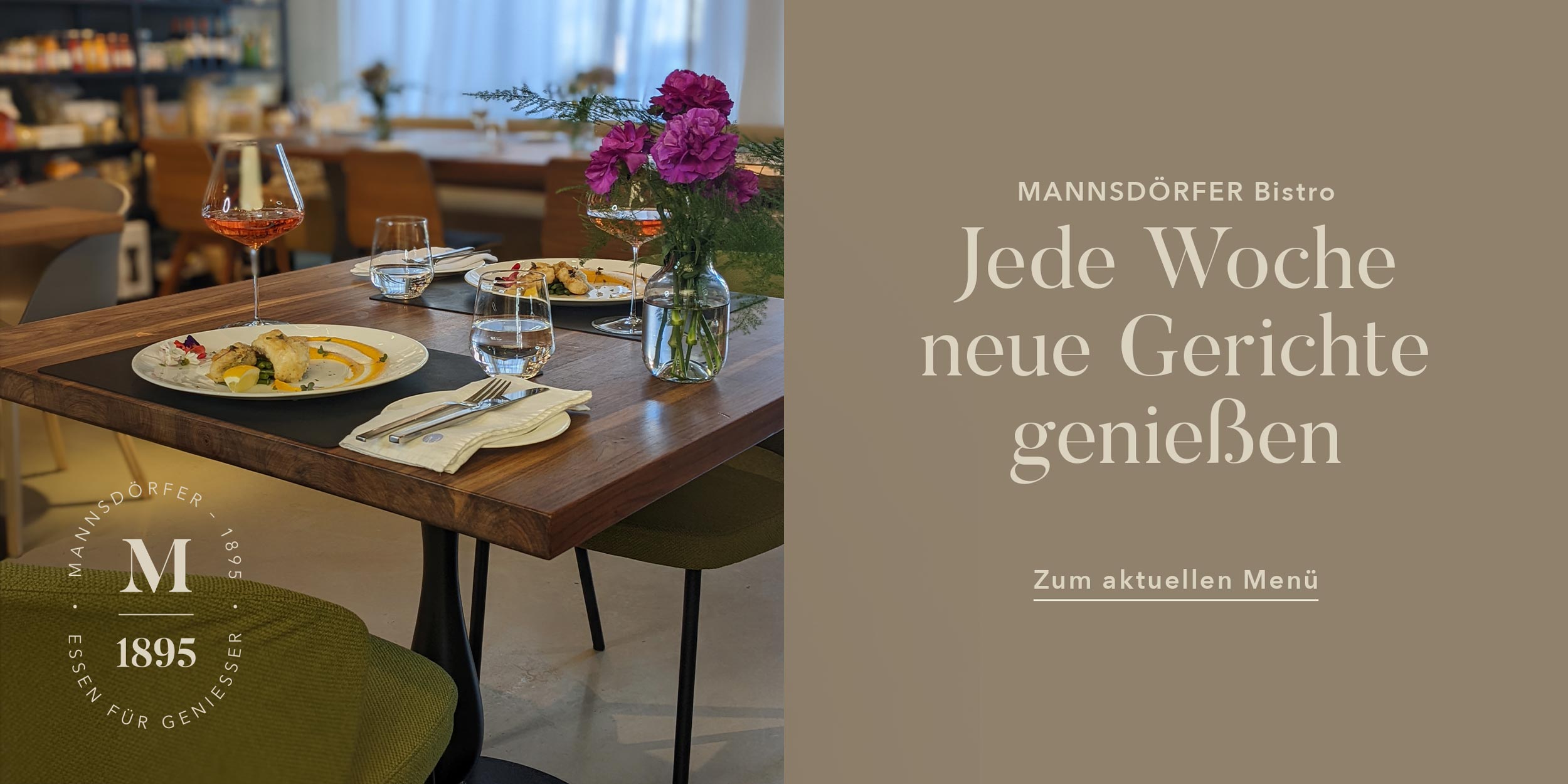 Mannsdörfer Bistro - Jede Woche neue Gerichte genießen, gedeckter Tisch mit Gourmet-Essen und Getränken