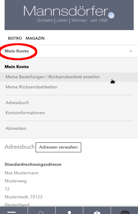 Schritt 2: Mobile ansicht: Klick auf "Mein Konto", Klick auf "Meine Bestellungen/Meine Rücksendeetiketten"